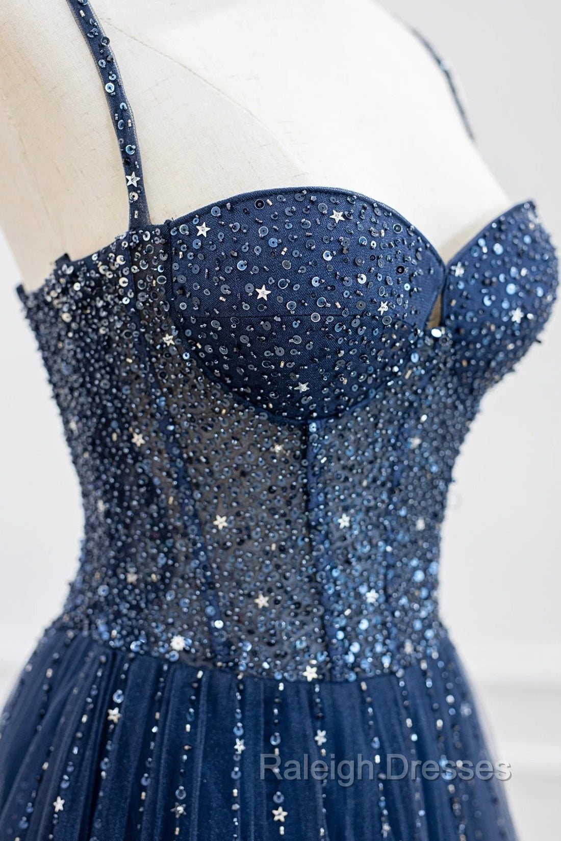 Blue Tulle Beaded Long Prom Dress Formal Dress, Blue Evening Dress