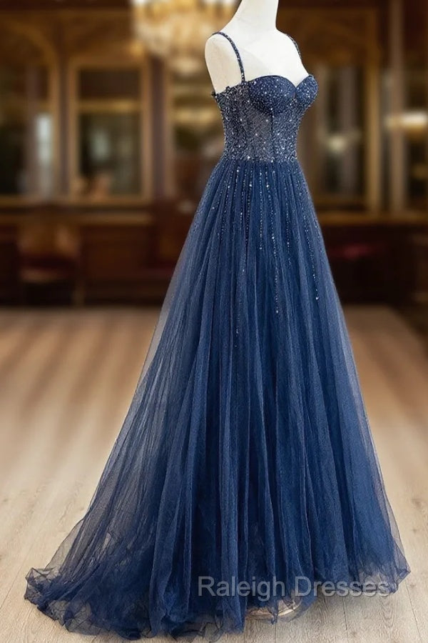 Blue Tulle Beaded Long Prom Dress Formal Dress, Blue Evening Dress