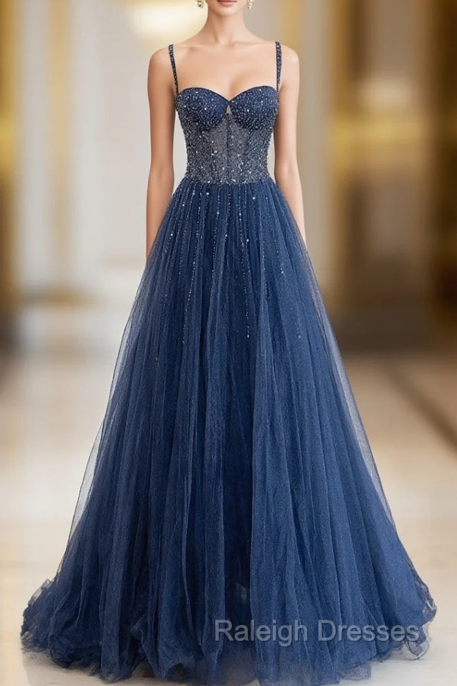 Blue Tulle Beaded Long Prom Dress Formal Dress