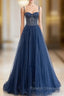 Blue Tulle Beaded Long Prom Dress Formal Dress