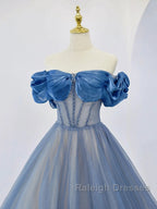 Blue Tulle Beaded Long Prom Dress, Off The Shoulder Evening Party Dress