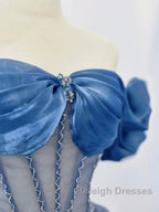 Blue Tulle Beaded Long Prom Dress, Off The Shoulder Evening Party Dress