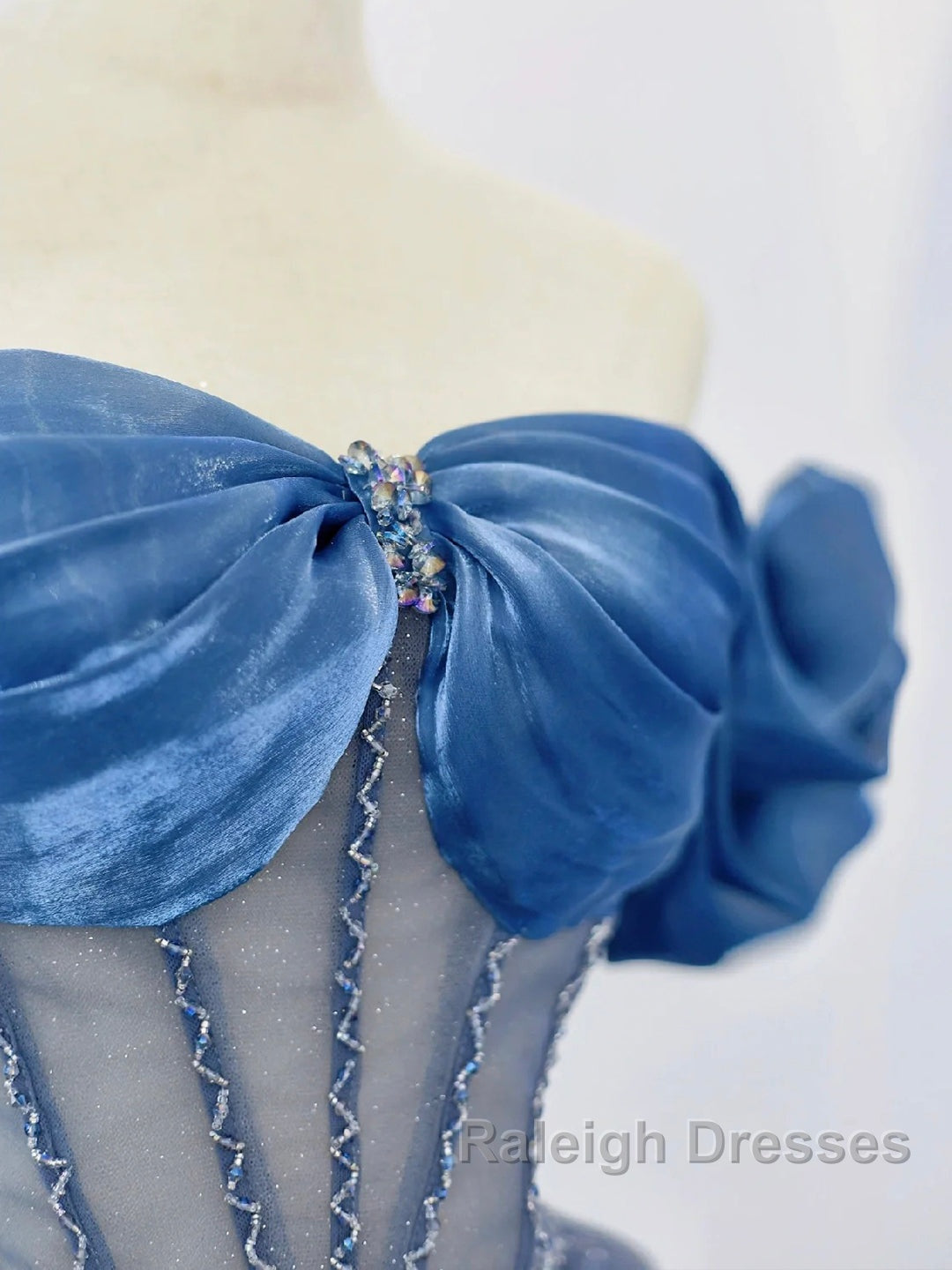 Blue Tulle Beaded Long Prom Dress, Off The Shoulder Evening Party Dress