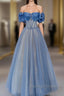 Blue Tulle Beaded Long Prom Dress, Off The Shoulder Evening Party Dress