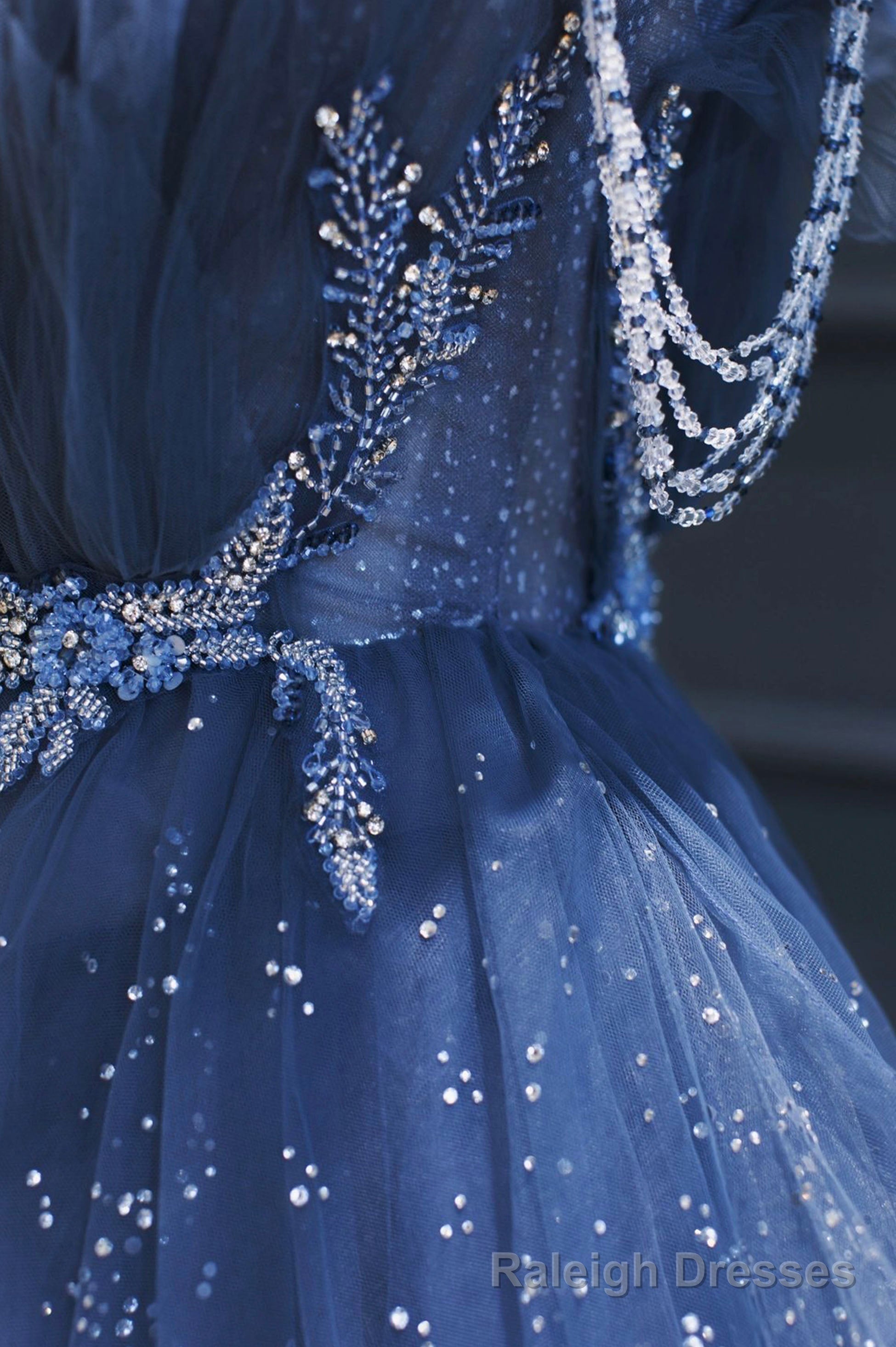 Blue Tulle Beaded Long Senior Prom Dress, A-Line Strapless Evening Party Dress