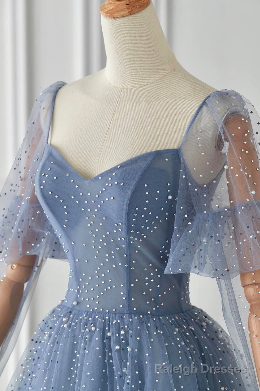 Blue Tulle Beaded Long Sleeve Prom Dress, A-Line Blue Evening Party Dress Secondary image