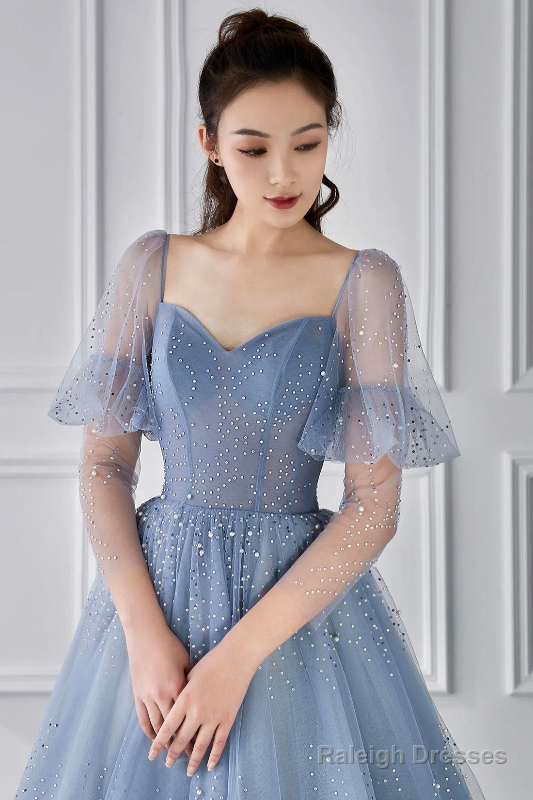 Blue Tulle Beaded Long Sleeve Prom Dress, A-Line Blue Evening Party Dress