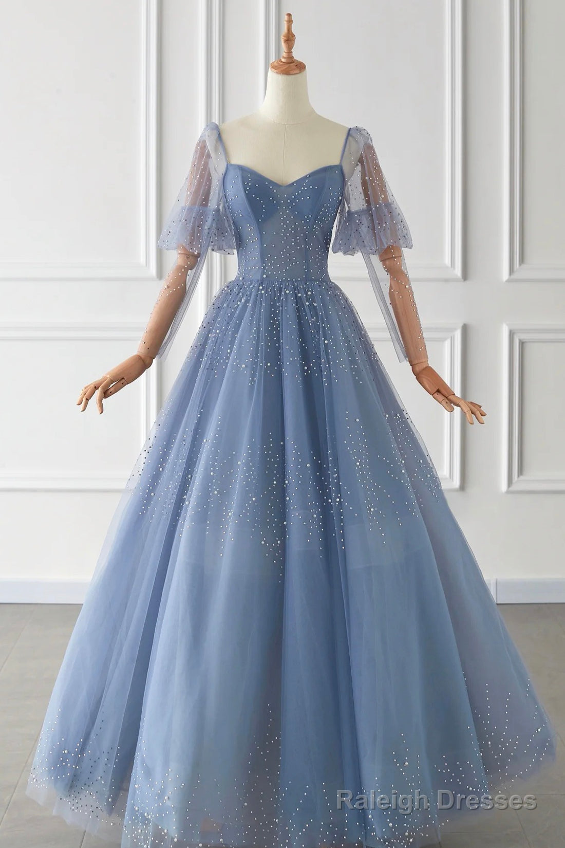 Blue Tulle Beaded Long Sleeve Prom Dress, A-Line Blue Evening Party Dress Main image