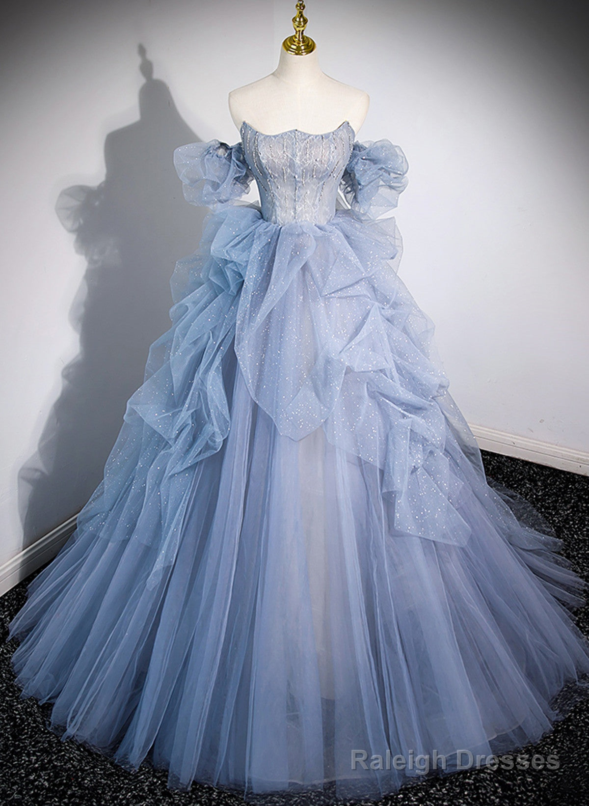 Blue Tulle Beaded Off Shoulder New Style Prom Dress, Blue Sweet 16 Dress Main image