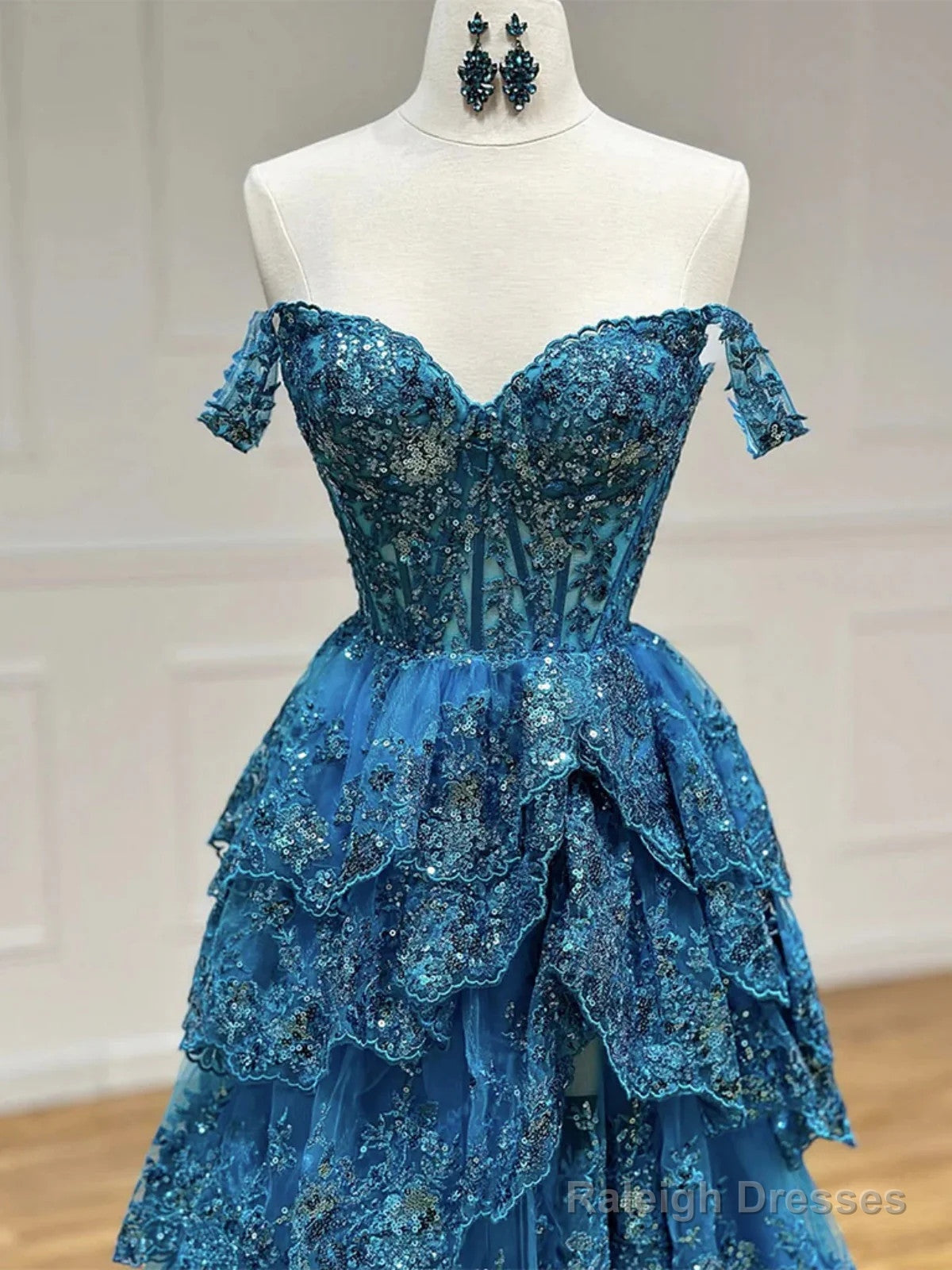 Blue Tulle Beaded With Lace Sweetheart Long Prom Dresses Off Shoulder Blue Prom Dresses