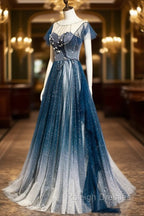 Blue Tulle Beading Long A-Line Prom Dress, Scoop Neckline Evening Dress