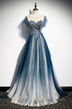 Blue Tulle Beading Long A Line Prom Dress, Scoop Neckline Prom Dress