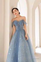 Blue Tulle Beading Long Prom Dress, A-Line Blue Formal Dress