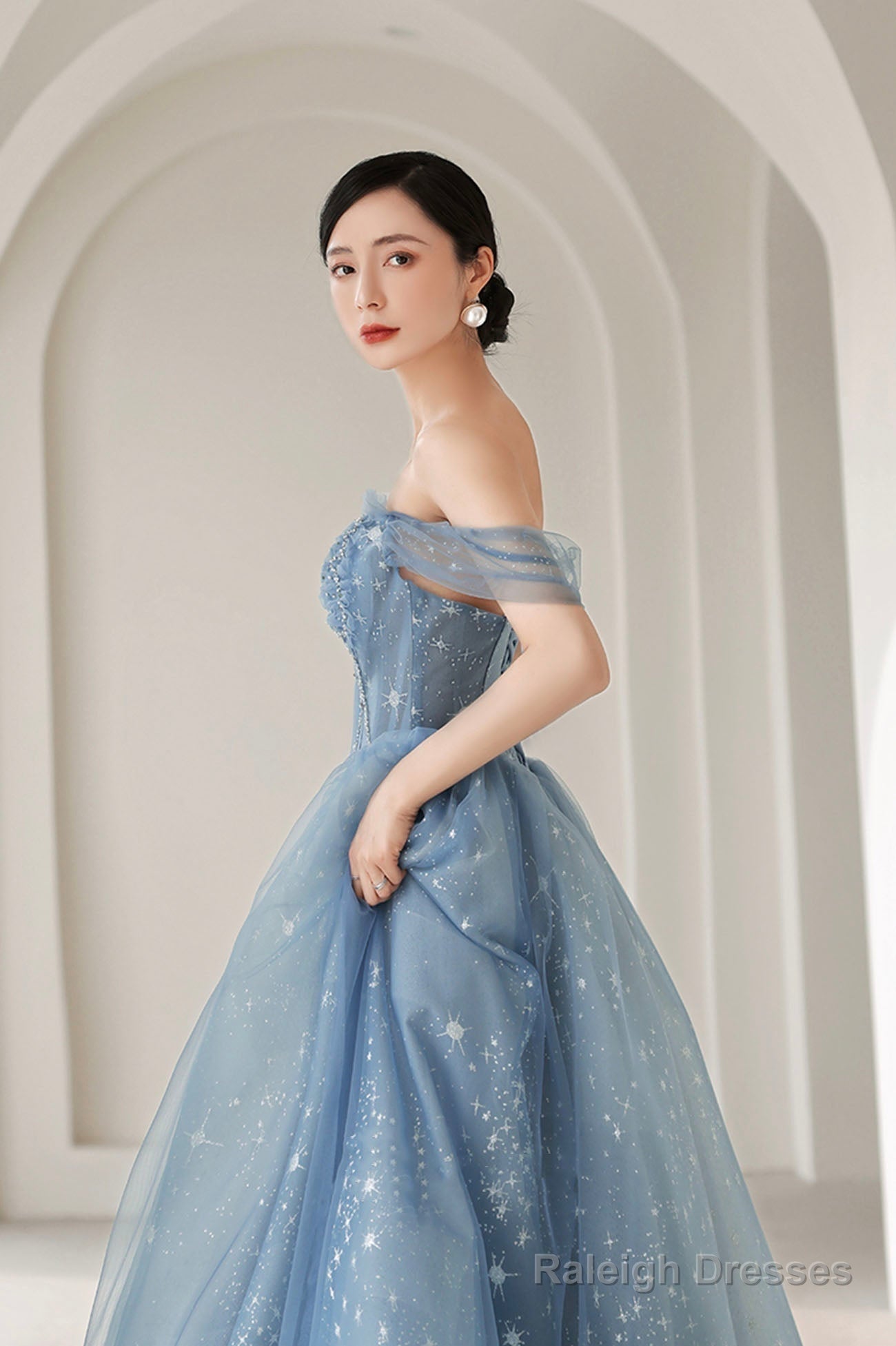 Blue Tulle Beading Long Prom Dress, A-Line Blue Formal Dress