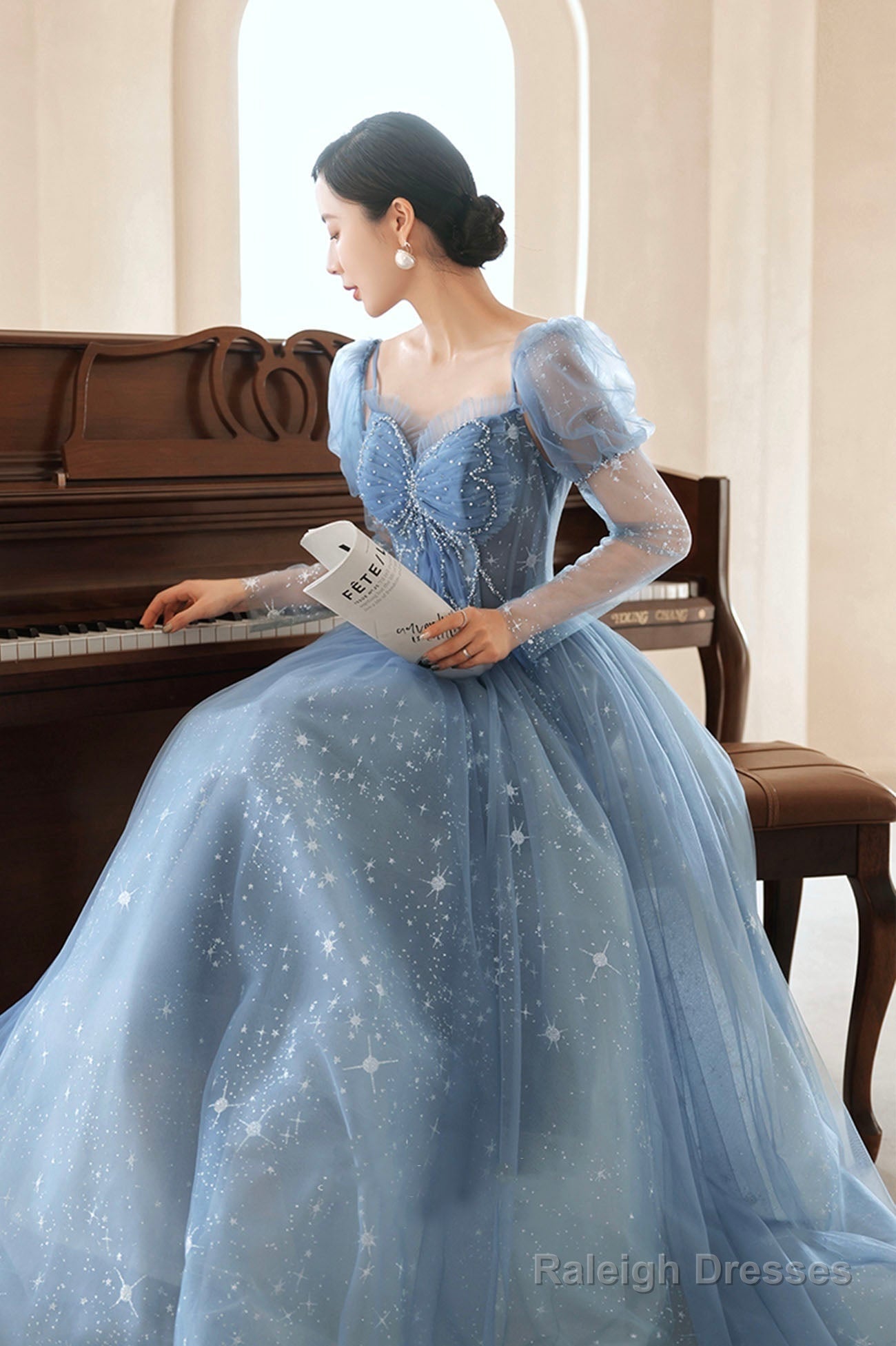 Blue Tulle Beading Long Prom Dress, A-Line Blue Formal Dress