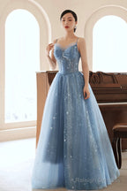 Blue Tulle Beading Long Prom Dress, A-Line Blue Formal Dress