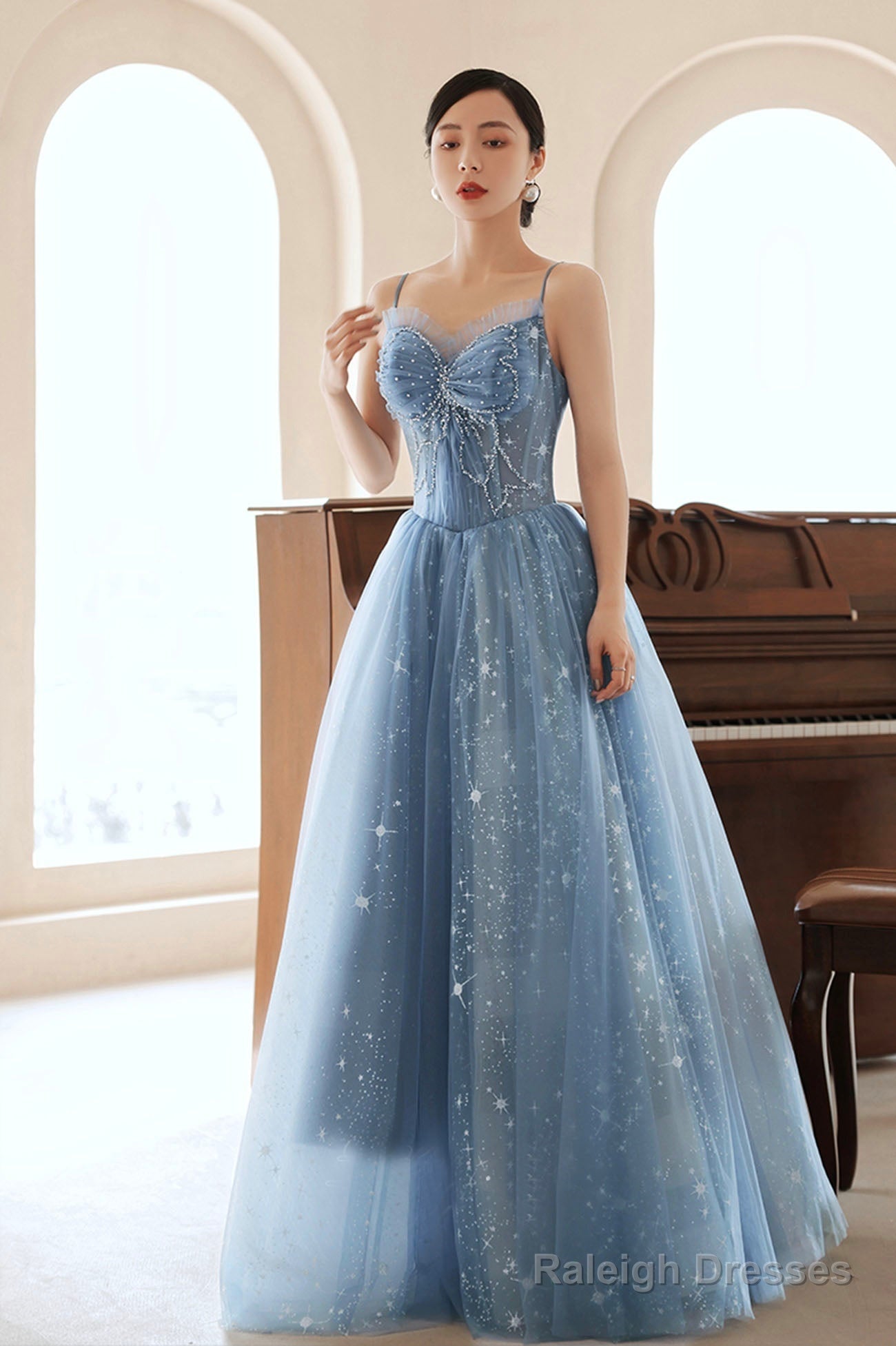Blue Tulle Beading Long Prom Dress, A-Line Blue Formal Dress