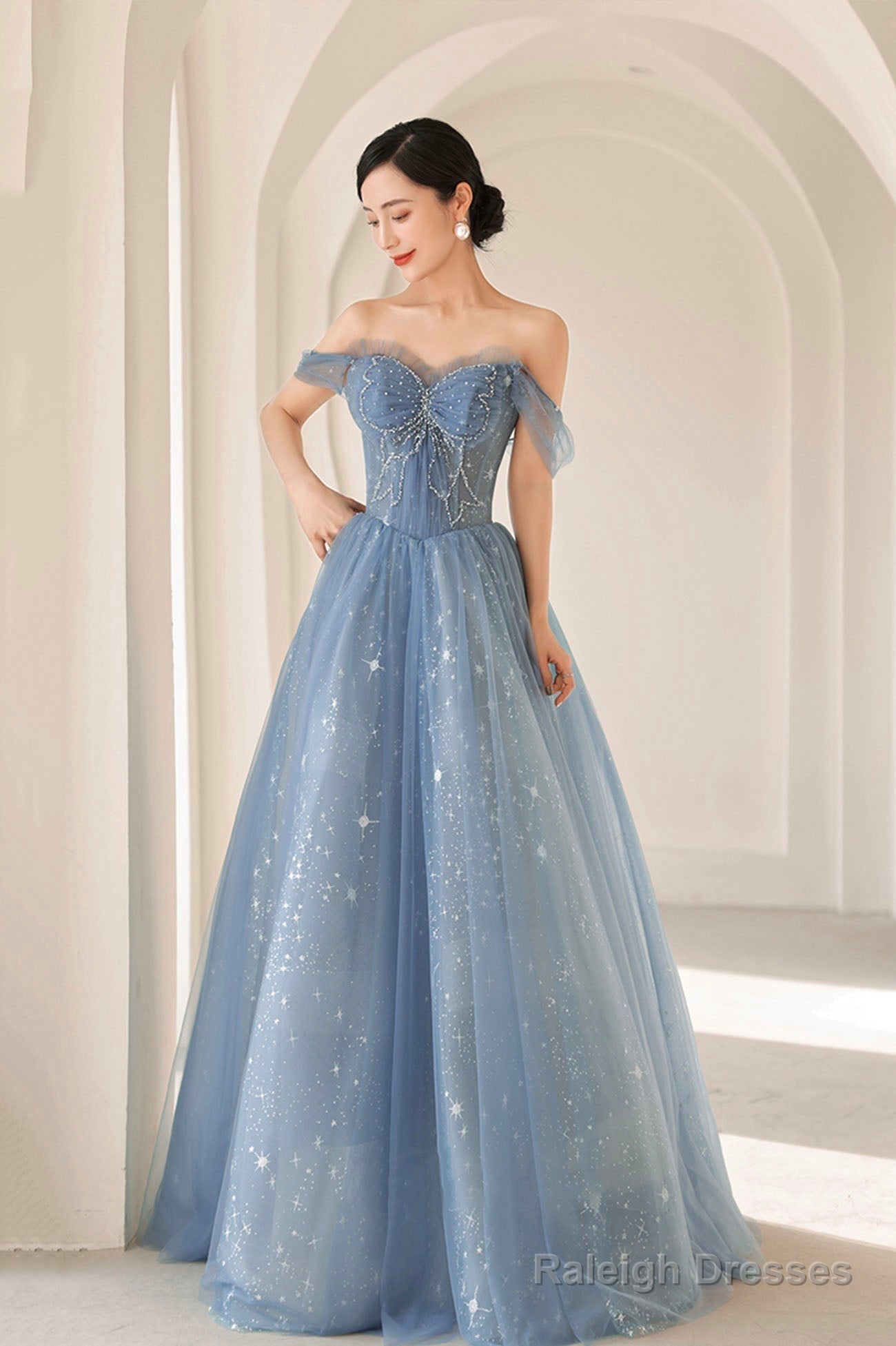 Blue Tulle Beading Long Prom Dress, A-Line Blue Formal Dress