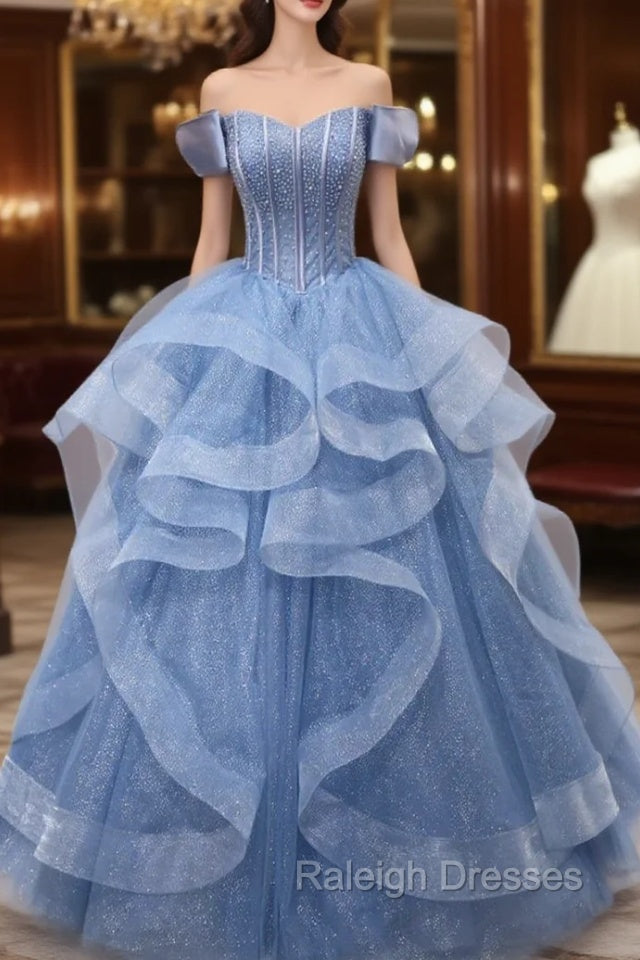 Blue Tulle Beading Off the Shoulder Prom Dress
