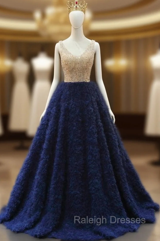 Blue Tulle Beading V-neck Prom Dress