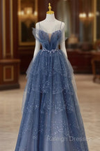 Blue Tulle Beads Long Ball Gown Dress Blue Formal Dress