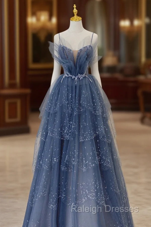 Blue Tulle Beads Long Ball Gown Dress Blue Formal Dress