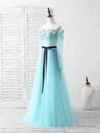 Blue Tulle Beads Long Prom Dress Blue Beads Prom Dress