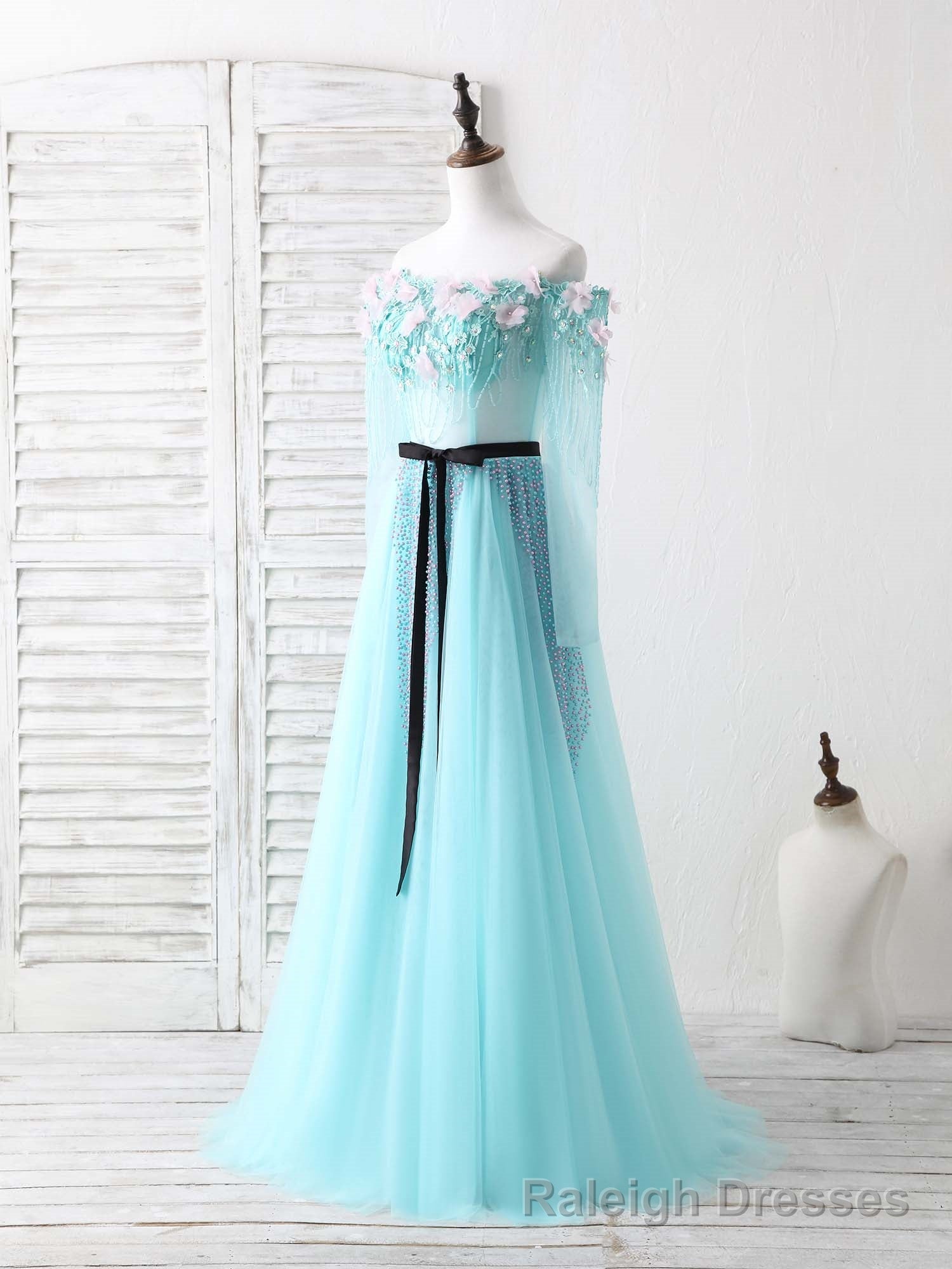 Blue Tulle Beads Long Prom Dress Blue Beads Prom Dress