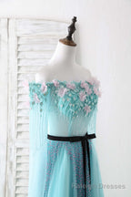 Blue Tulle Beads Long Prom Dress Blue Beads Prom Dress