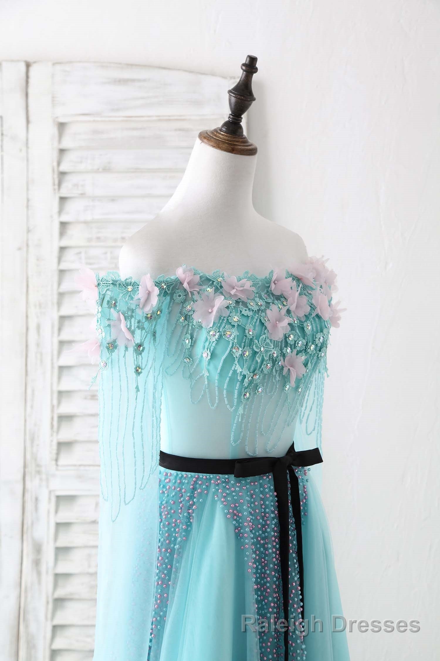 Blue Tulle Beads Long Prom Dress Blue Beads Prom Dress