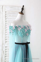 Blue Tulle Beads Long Prom Dress Blue Beads Evening Dress