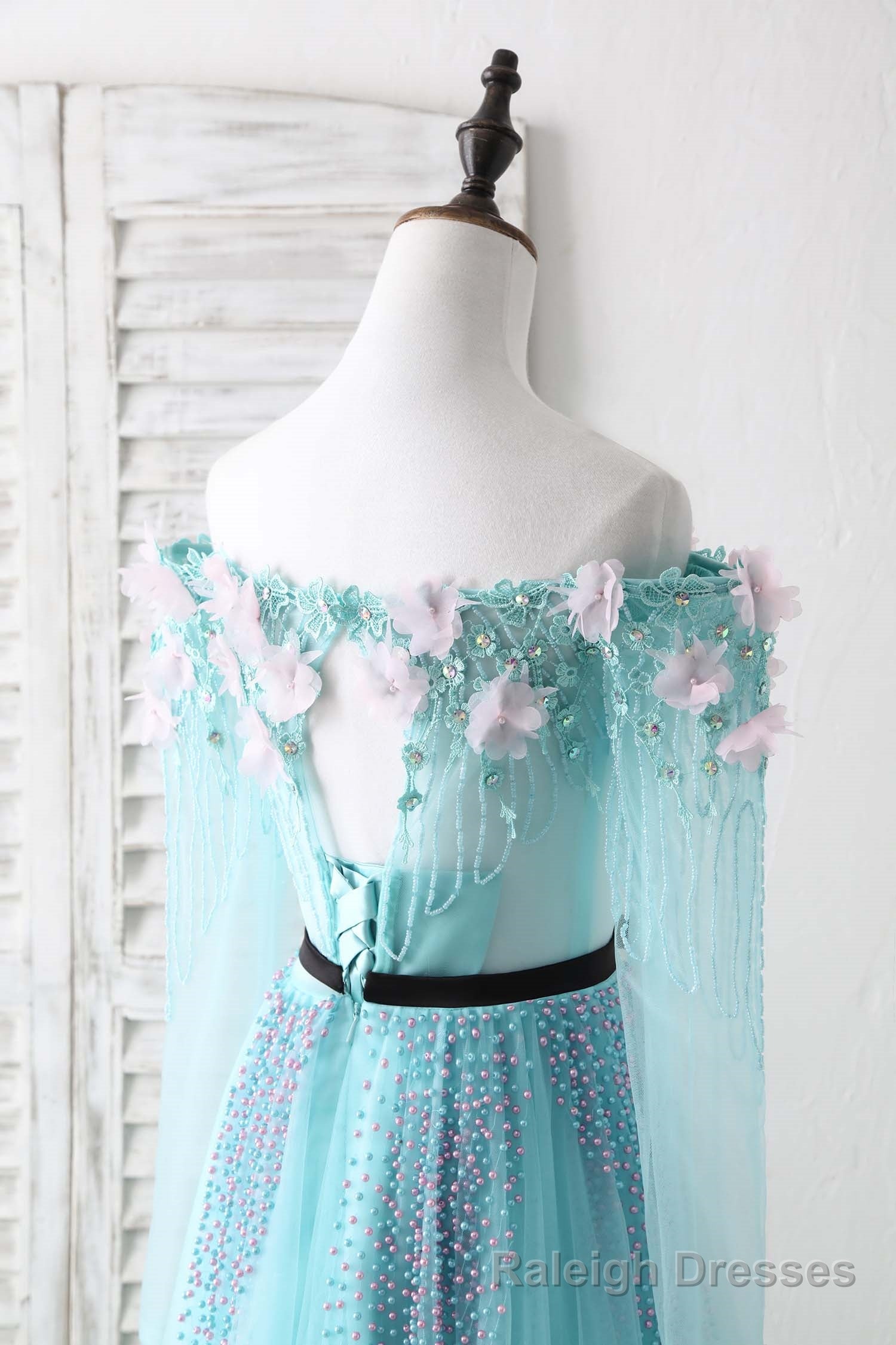 Blue Tulle Beads Long Prom Dress Blue Beads Evening Dress