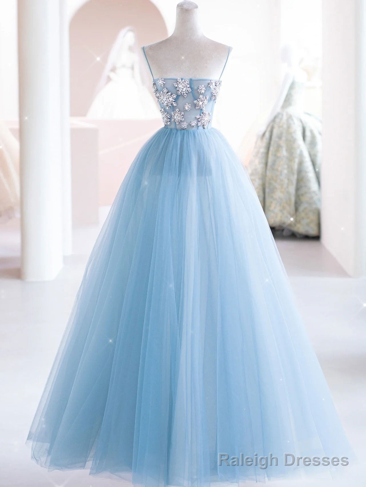 Blue Tulle Beads Long Prom Dress, Blue Tulle Long Evening Dress Main image