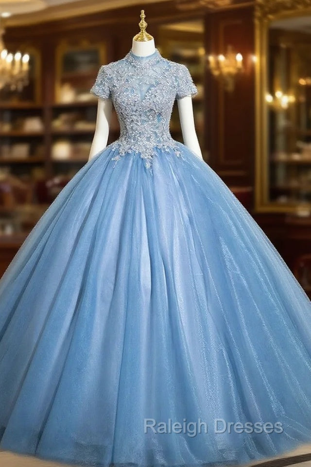 Blue Tulle Cap Sleeve Appliques Quinceanera Dress