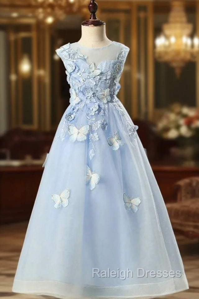 Blue Tulle Cap Sleeve Flowerr Girl Dress With Butterfly Appliques