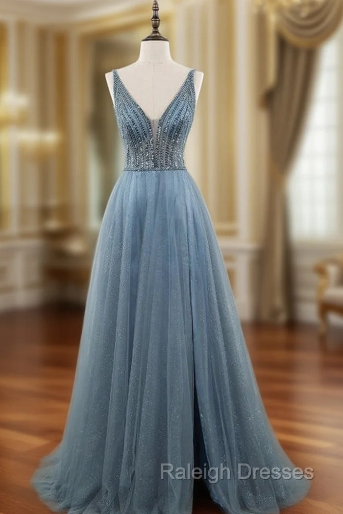 Blue Tulle Deep V-neck Backless Beading Sequins Prom Dress