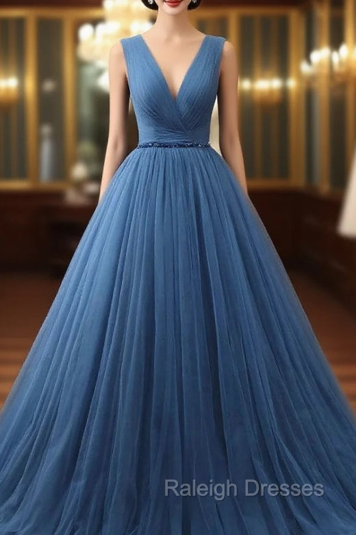 Blue Tulle Deep V-neck Pleats Beading Prom Dress Main image