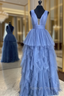 Blue Tulle Deep V-neck Pleats Prom Dress