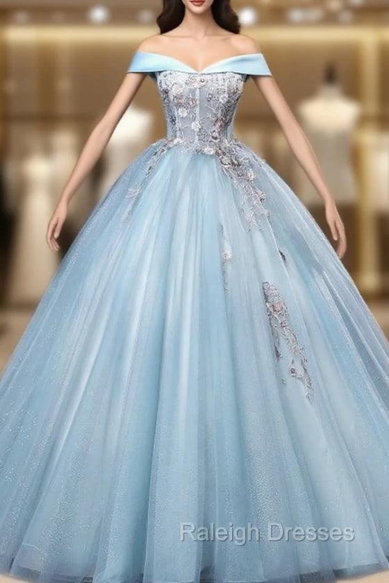 Blue Tulle Embroidery Sequins Off the Shoulder Quinceanera Dress Main image