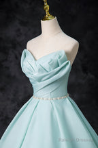 Blue Tulle Floor Length Party Dress, A-Line Strapless Formal Evening Dress