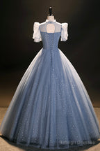 Blue Tulle Floor Length Prom Dresses A-Line Short Sleeve Prom Dresses
