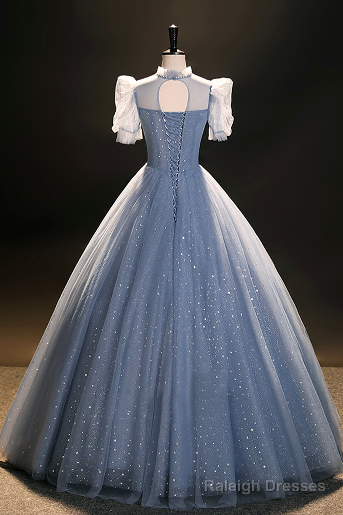 Blue Tulle Floor Length Prom Dresses A-Line Short Sleeve Prom Dresses