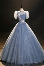 Blue Tulle Floor Length Prom Dress, A-Line Short Sleeve Evening Dress