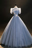 Blue Tulle Floor Length Prom Dress, A-Line Short Sleeve Evening Dress