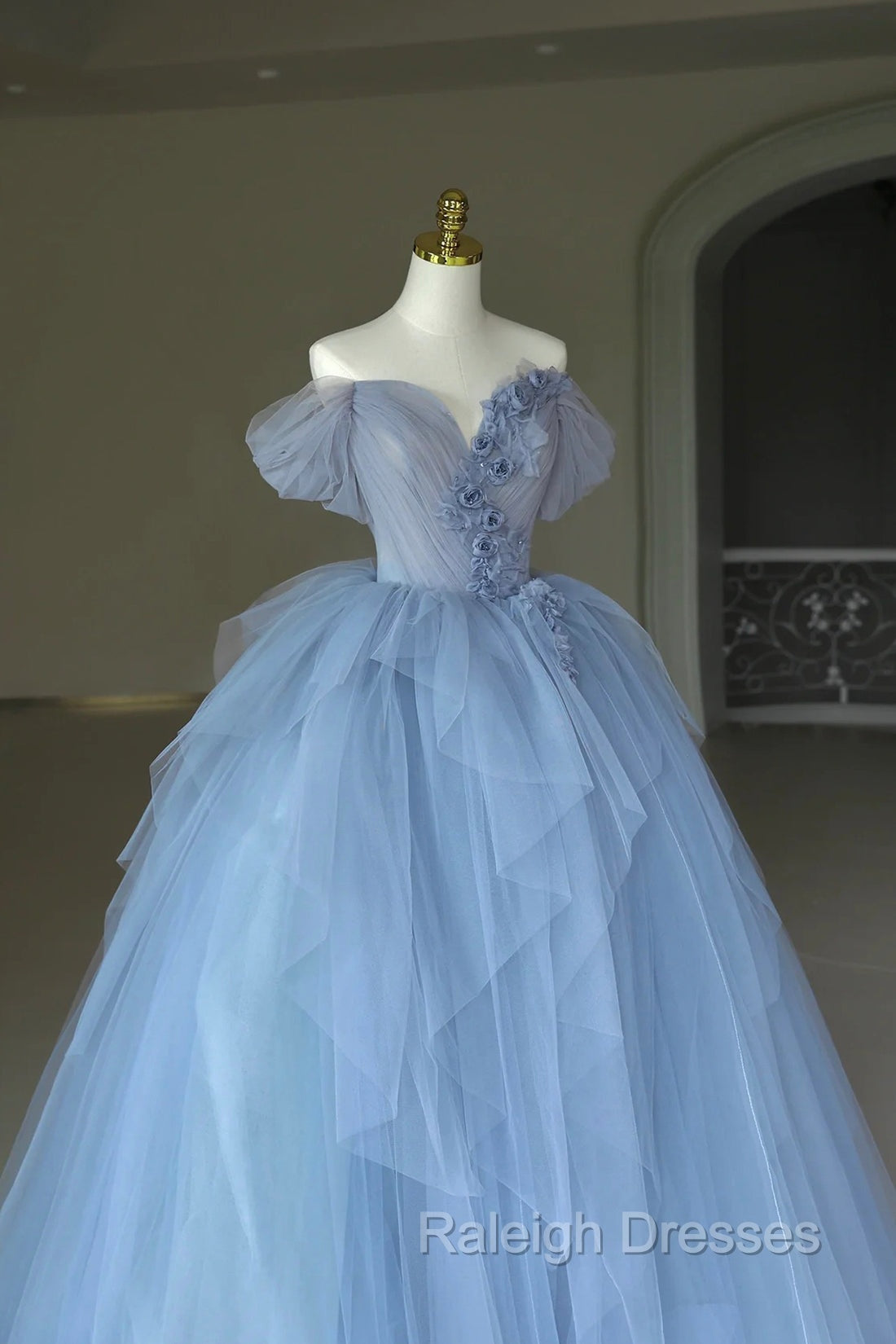 Blue Tulle Floor Length Prom Dress, Off the Shoulder Evening Dress with 3D Flowers Secondary image