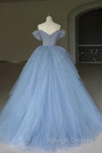 Blue Tulle Floor Length Prom Dresses Off the Shoulder Prom Dresses with 3D Flowers