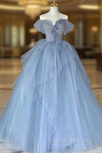 Blue Tulle Floor Length Prom Dress, Off the Shoulder Evening Dress with 3D Flowers