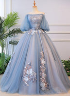 Blue Tulle Floral Off Shoulder Princess Formal Dress, Blue Sweet 16 Dress, Prom Dress