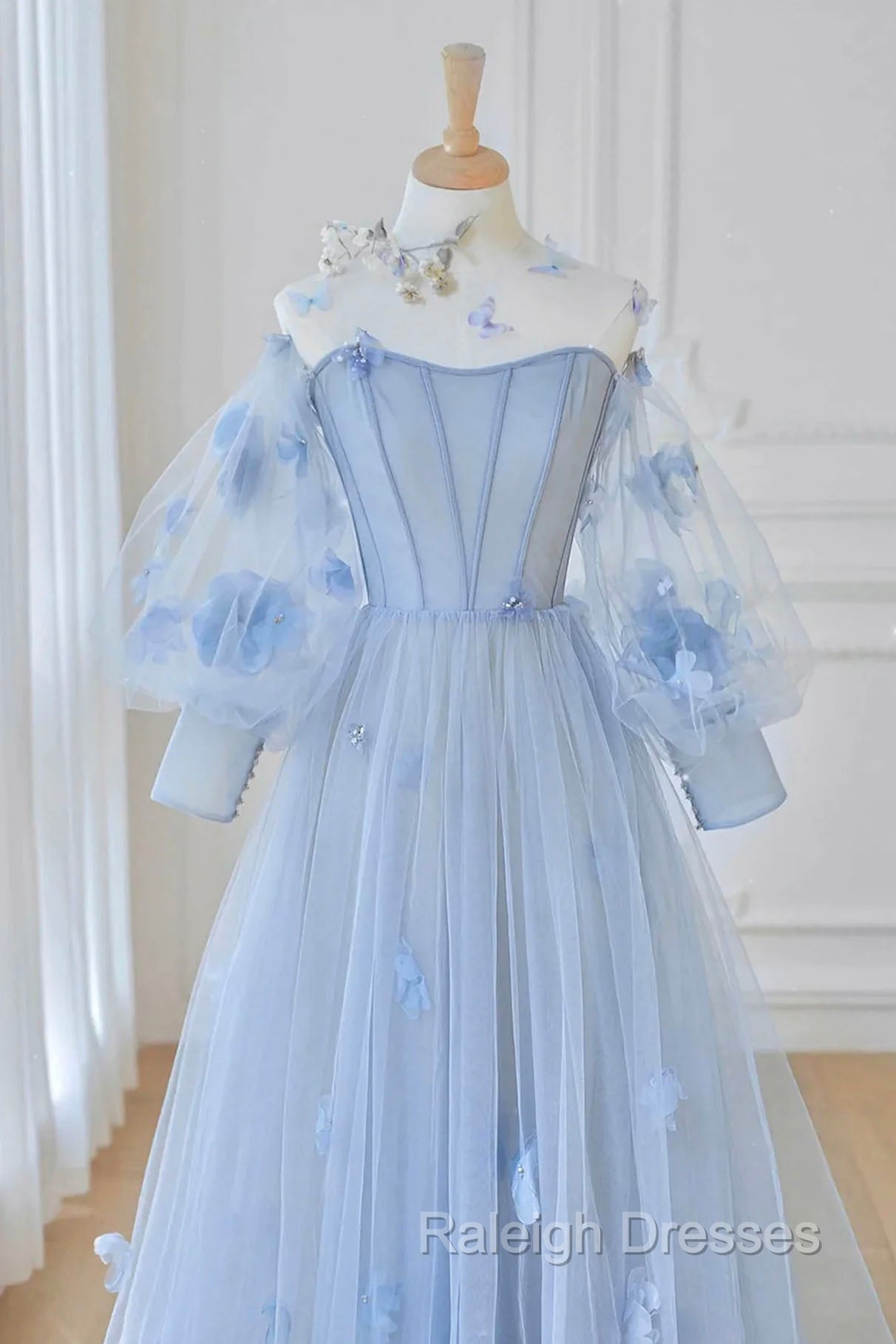 Blue Tulle Flowers Long Prom Dress, Lovely A-Line Puff Sleeve Evening Dress Secondary image