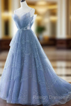Blue Tulle Gorgeous V Neck Long Prom Dress, A-line Tulle Formal Evening Dress